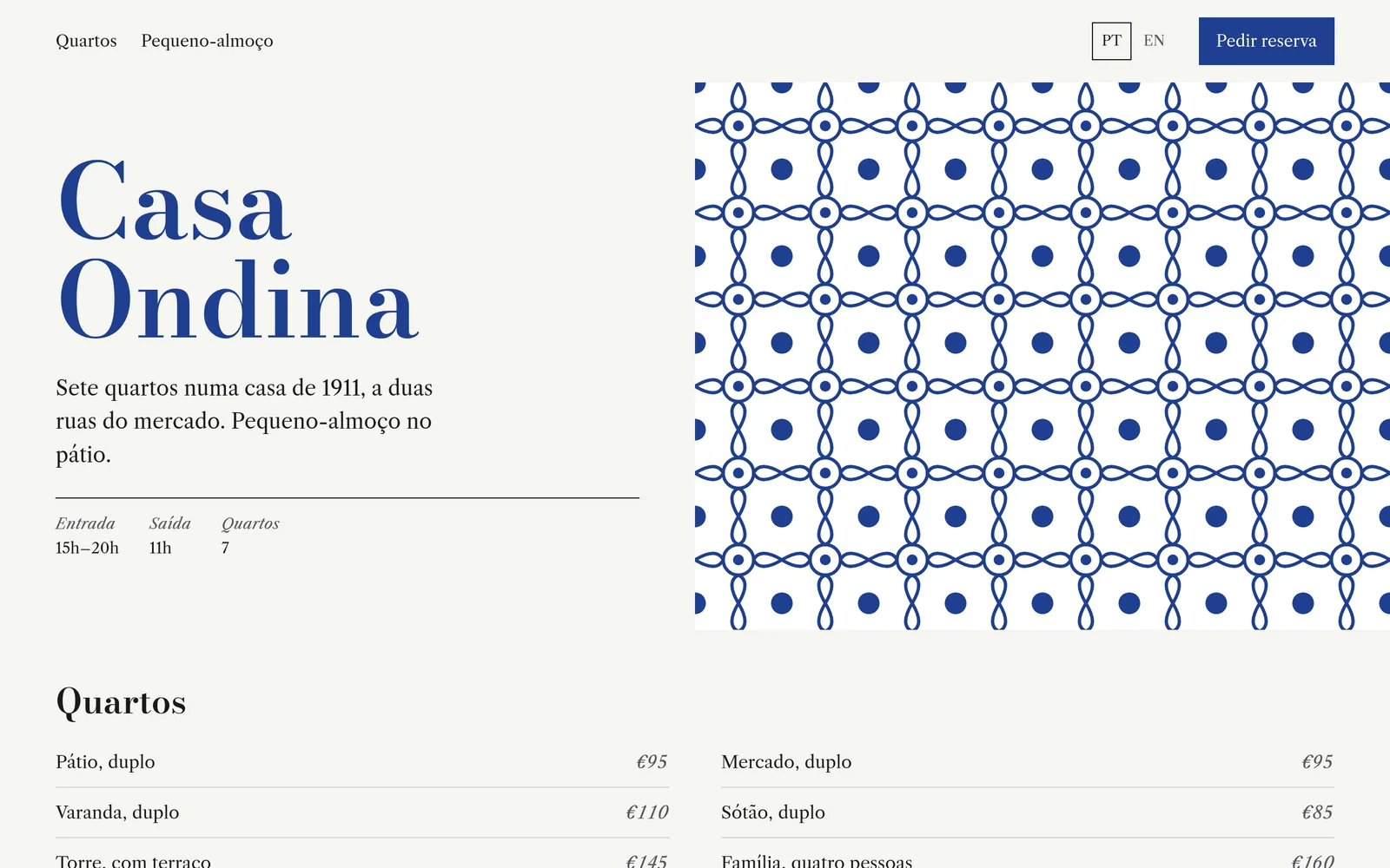 Casa Ondina on a laptop: the name in cobalt blue next to a panel of blue and white tiles, with a PT and EN language switch