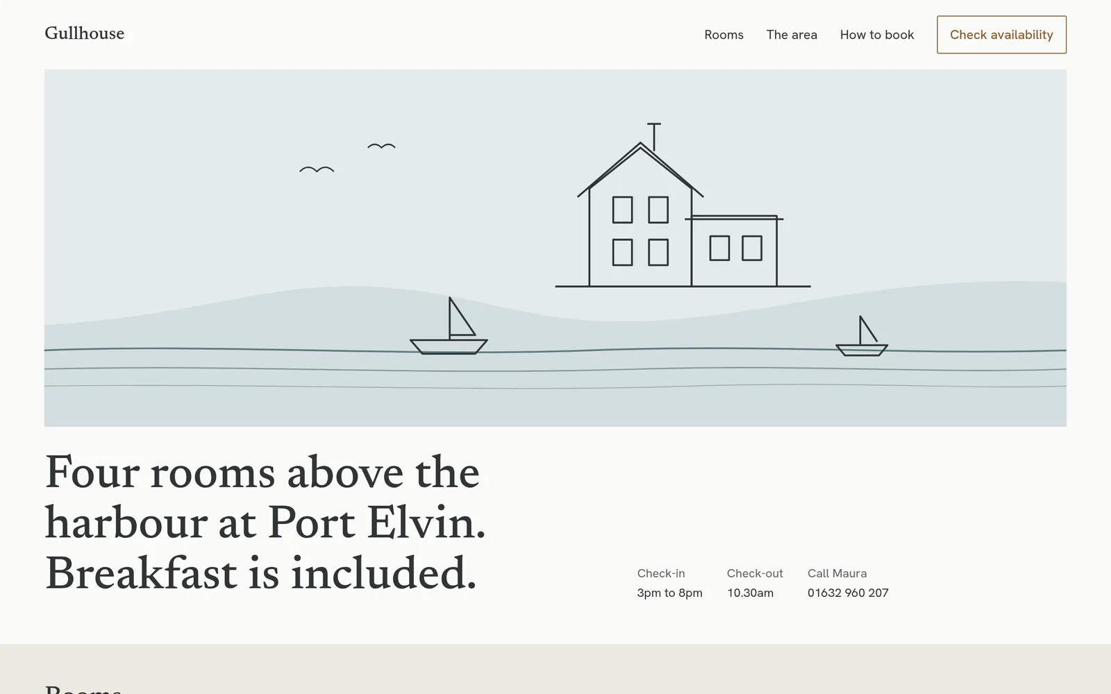 Gullhouse on a laptop: a line drawing of a white house above a harbour, check-in times and phone number below