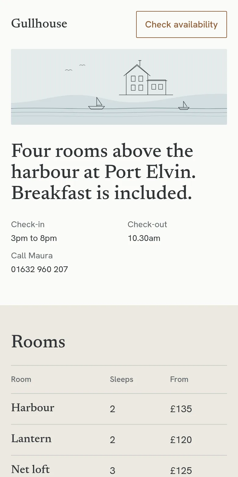 Gullhouse on a phone, showing a table of four rooms with prices