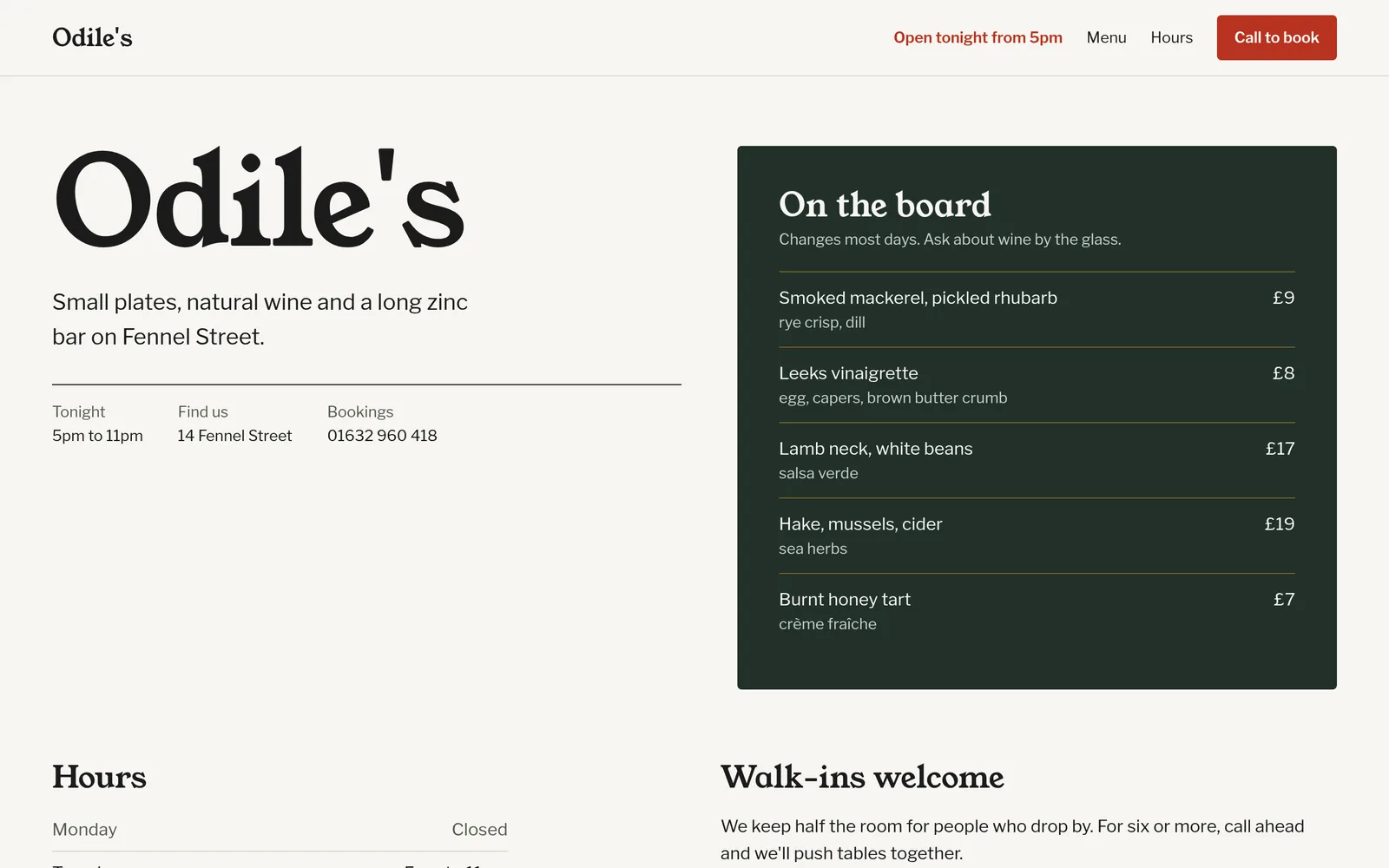 Odile's on a laptop: the name set large beside a dark green menu board listing five dishes with prices