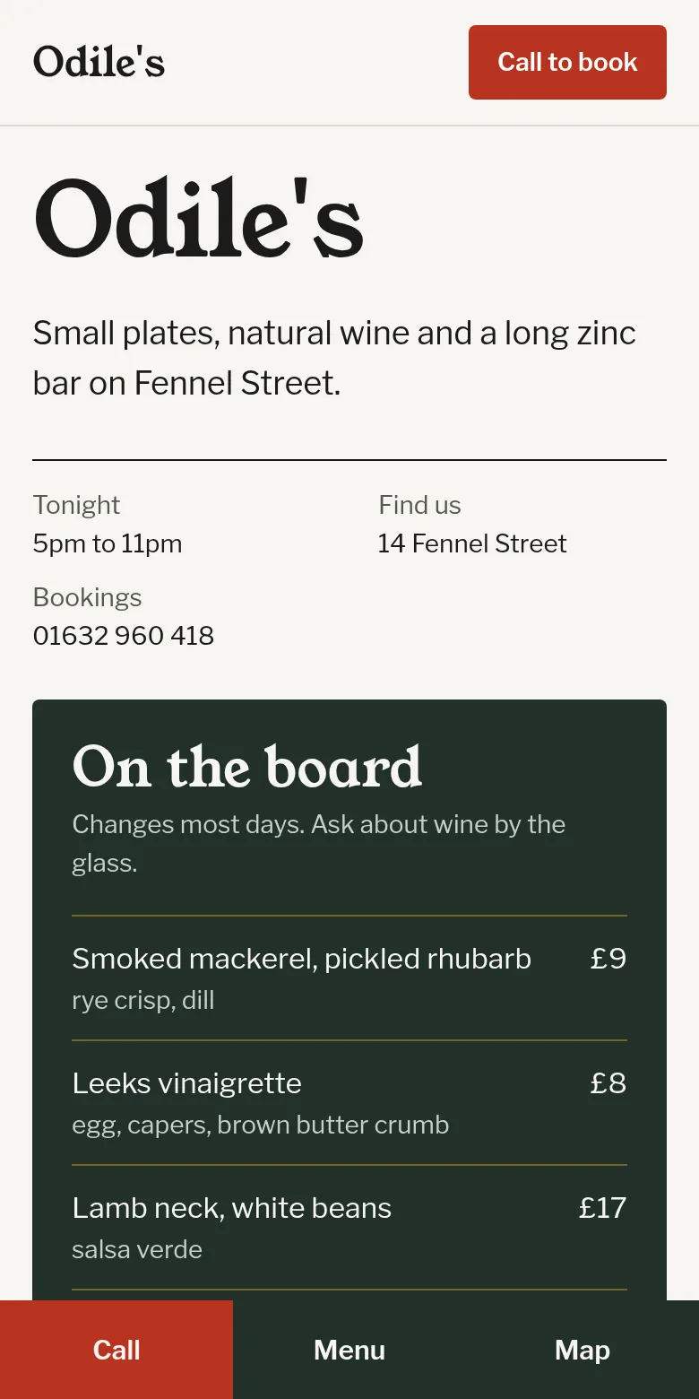 Odile's on a phone, with Call, Menu and Map buttons fixed along the bottom